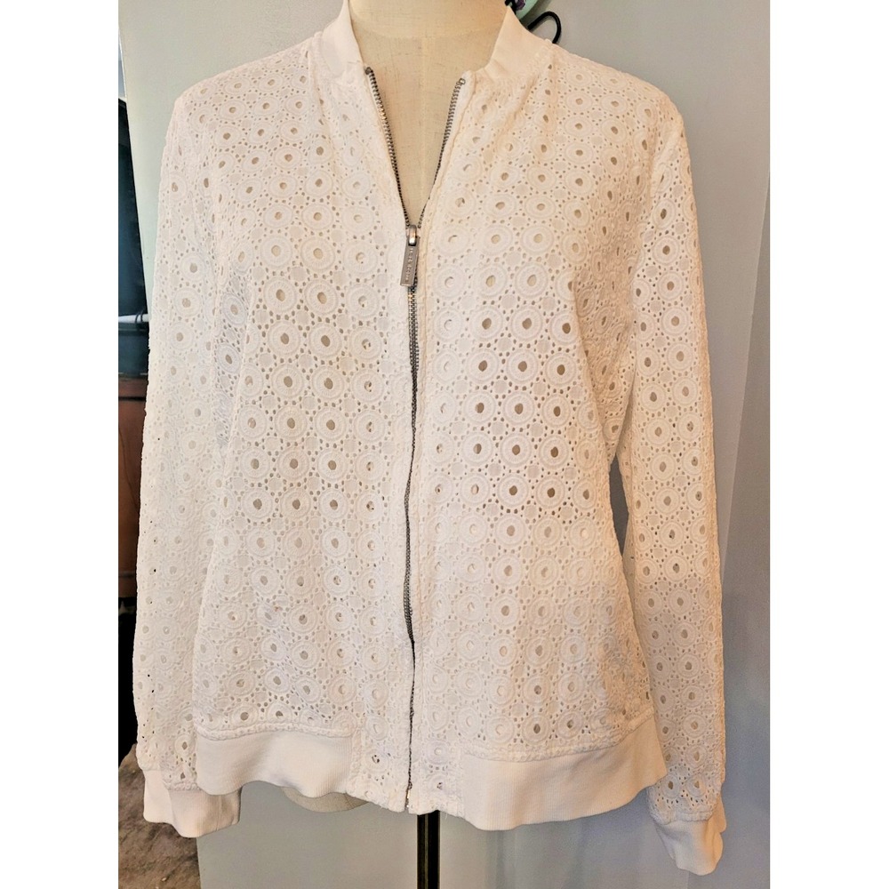 Liz Claiborne White Lace Knit Feminine Zip Front Cardigan Top 100% Cotton Sz XL